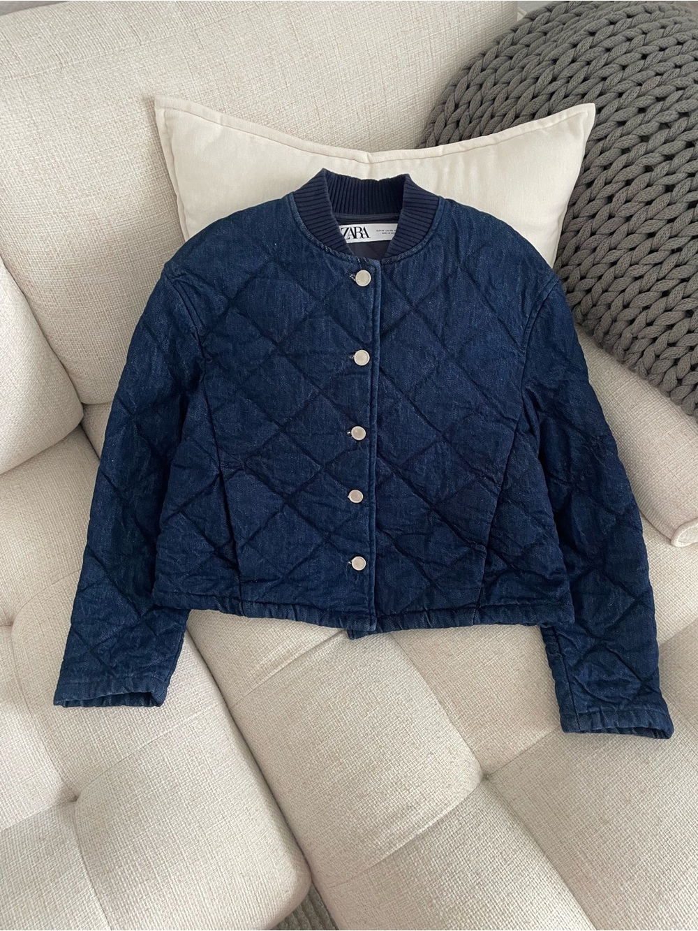Zara Diamond Quilted Dark Blue Denim Jacket